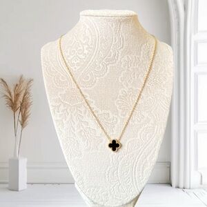 Gold Onyx Black Clover Necklace Double Sided Stainless Steel